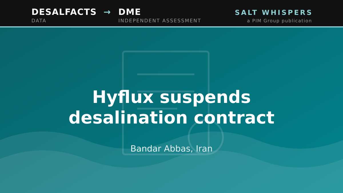Hyflux suspends desalination contract, Bandar Abbas, Iran